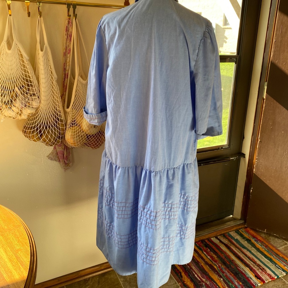 Vintage 1950s Chambray Button Down Blue Midi Drop Waist Dress Large Western Fem - Picture 4 of 5